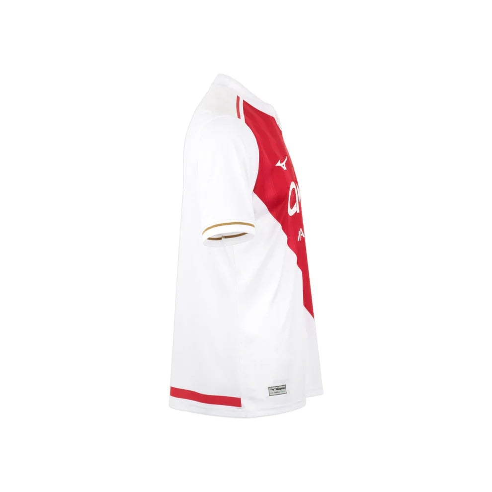 Home_Jersey_Monaco_M_Tango_Red_P2GACX75_59_RightEdit_ae924421-ba1b-4ae3-a483-641a26824234 | AE JERSEY White sports jersey with red diagonal front panel, shown from the side, featuring a small brand logo near the hem.