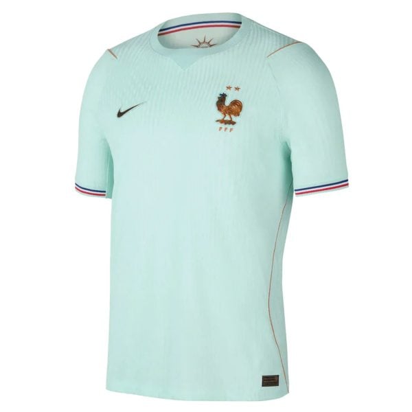 Light mint France national team soccer jersey with Nike swoosh, rooster crest and two stars, and blue-red-white trim on sleeves/neck.