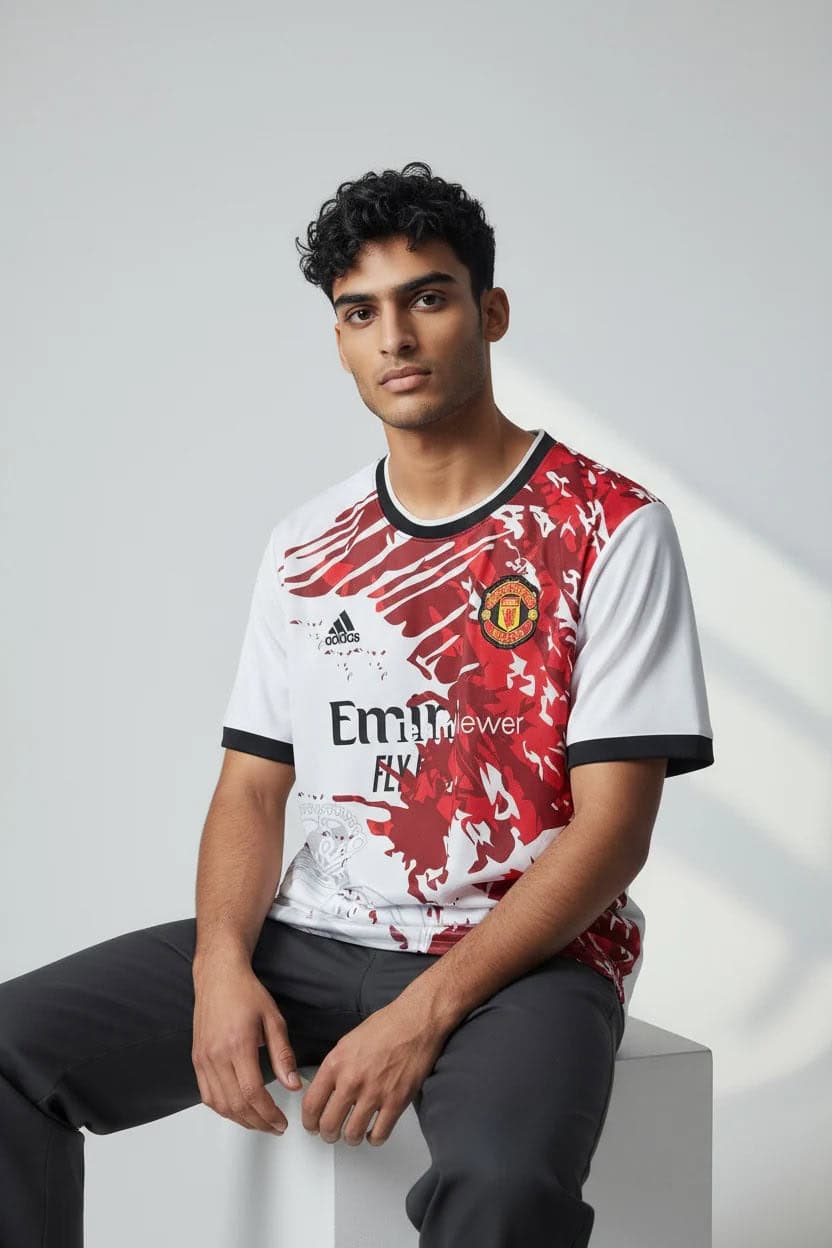 IMG-1533_900x_cf6ddf55-6dd4-4f3a-bdd4-7bc841f0dba5 | AE JERSEY Portrait of a young man wearing a white and red Manchester United jersey with black trim, seated against a light gray background.