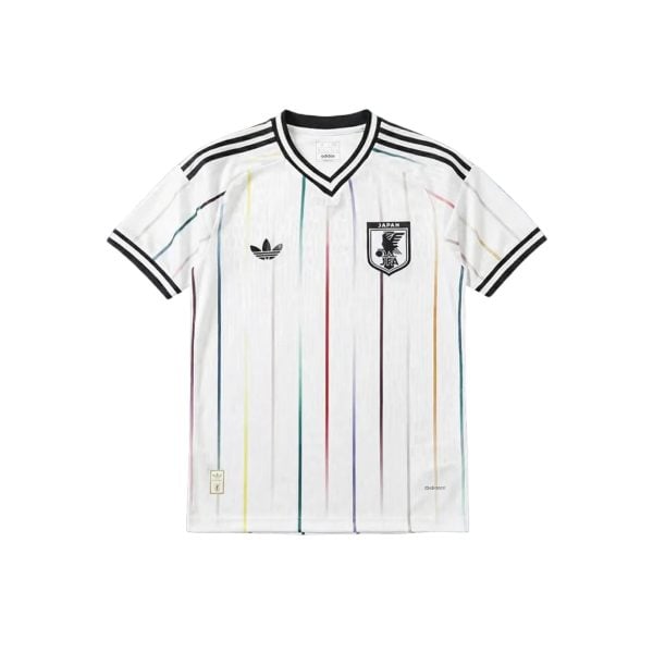White Japan national team jersey with colorful vertical stripes and black Adidas logo on chest