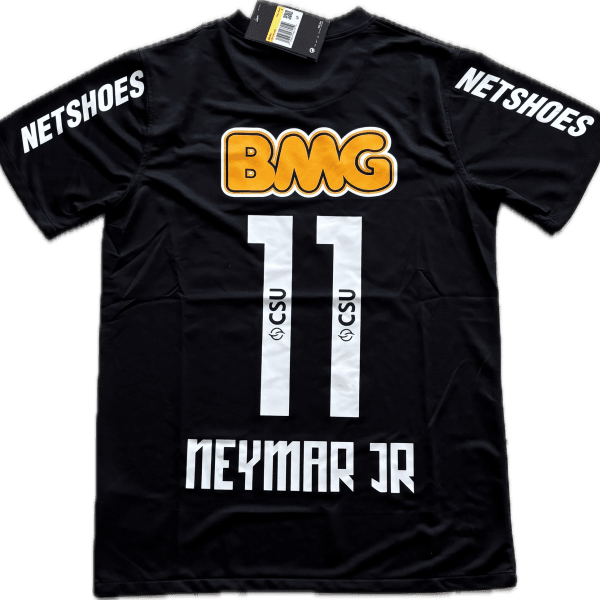 Black athletic jersey with 'NETSHOES' on both sleeves, an orange outlined 'BMG' logo on the chest, and white vertical strips down the front; tag at the collar.