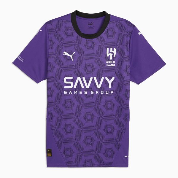 Purple soccer jersey with a geometric hexagon pattern, white Puma logo, Al Hilal crest, and 'SAVVY GAMES GROUP' text on the front.