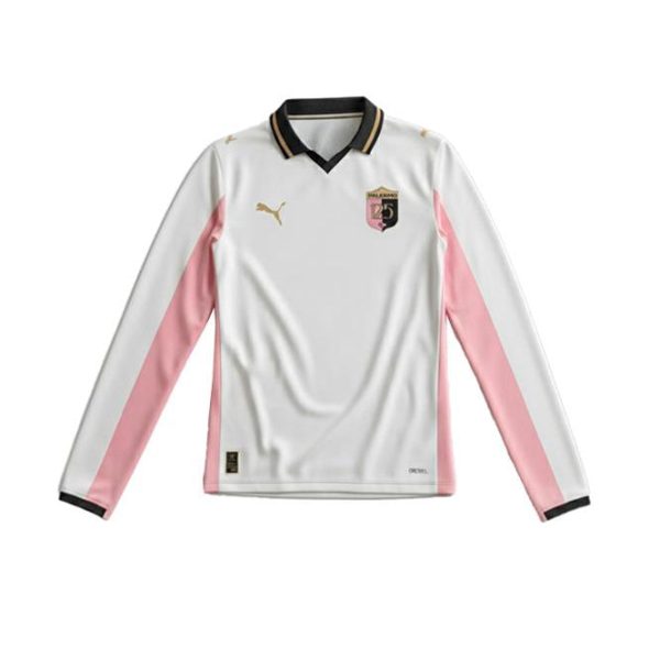 White football jersey with pink side panels, black/gold collar, and a crest on the left chest (Puma logo visible).