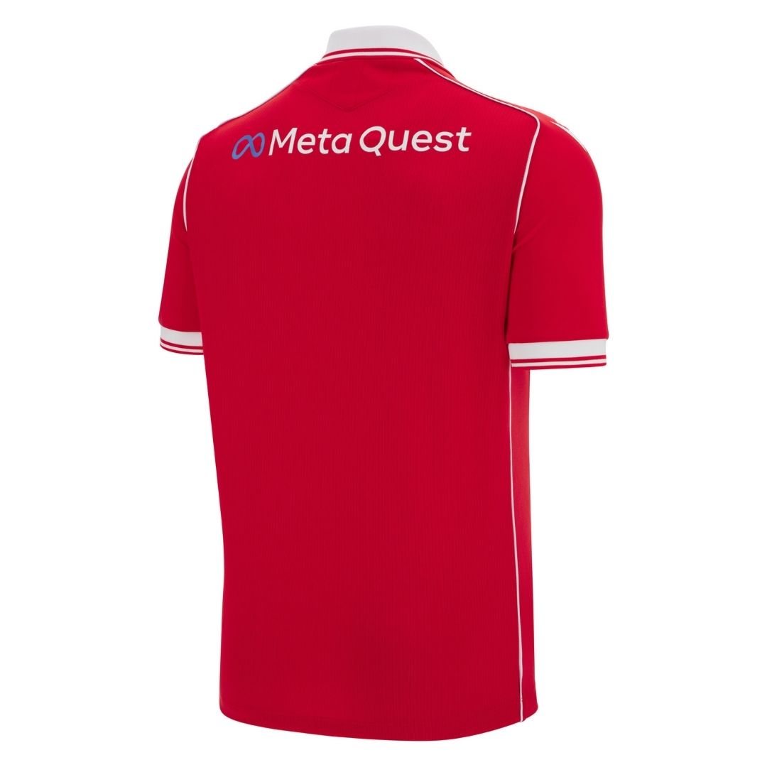J5 | AE JERSEY Red polo shirt with white trim and Meta Quest logo on the back.