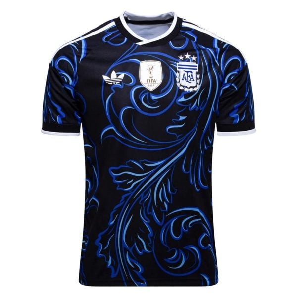 Dark blue soccer jersey with blue swirl patterns, white collar trim, and FIFA World Cup 2022 badge next to the Argentina crest.