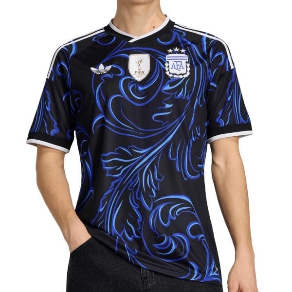 Black soccer jersey with bold blue swirl pattern and white trim, featuring AFA and FIFA badges on the chest (Adidas stripes on shoulders).