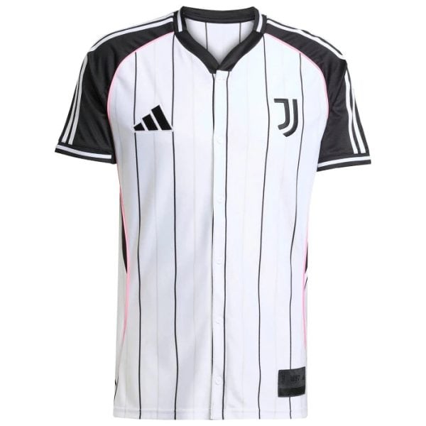Juventus soccer jersey: white with black vertical pinstripes, black sleeves, Adidas logo and Juventus crest on the chest.
