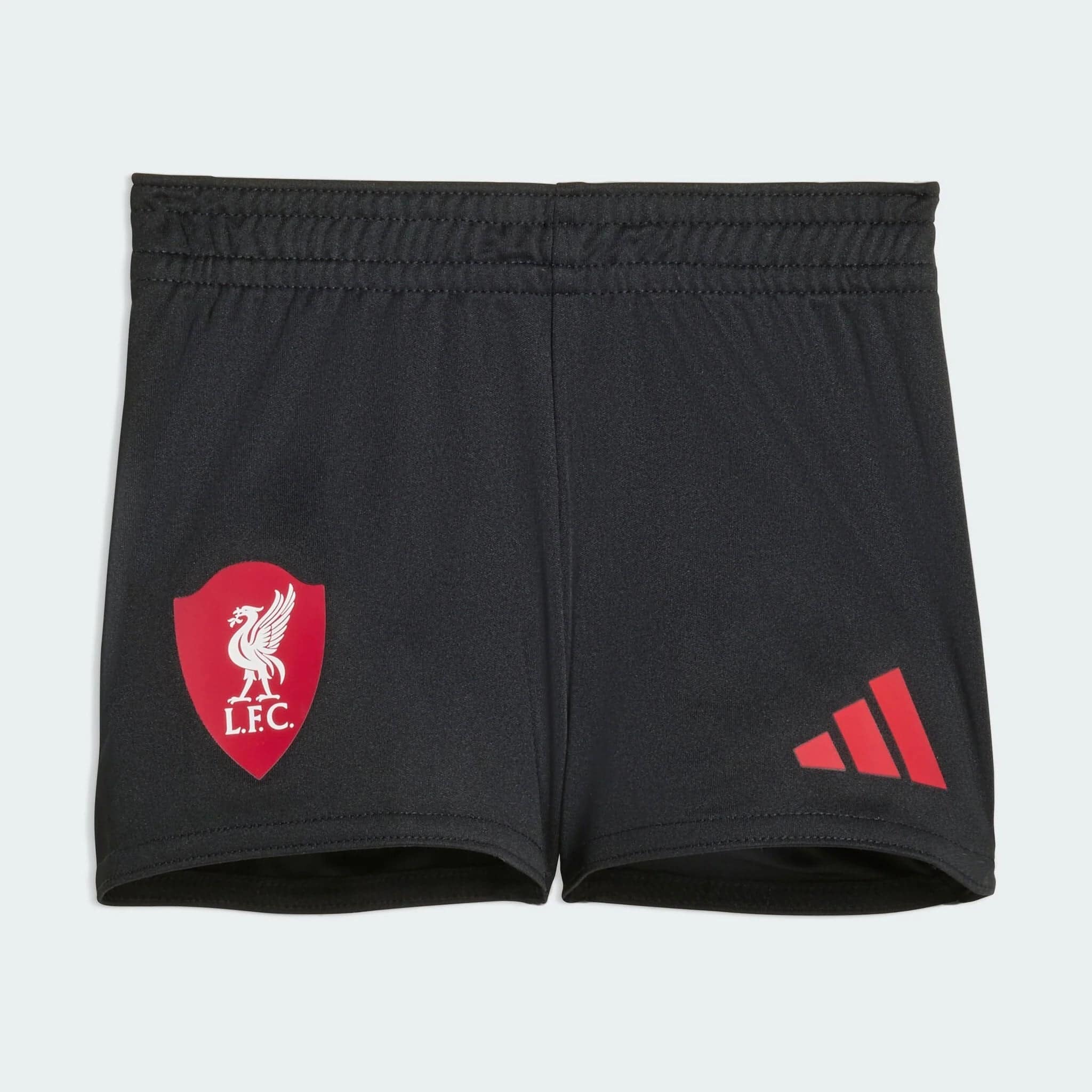 JV6462_Fbp_Flat_eCom-lowres | AE JERSEY Black athletic shorts featuring a red Liverpool FC crest on the left leg and red Adidas stripes on the right leg edge