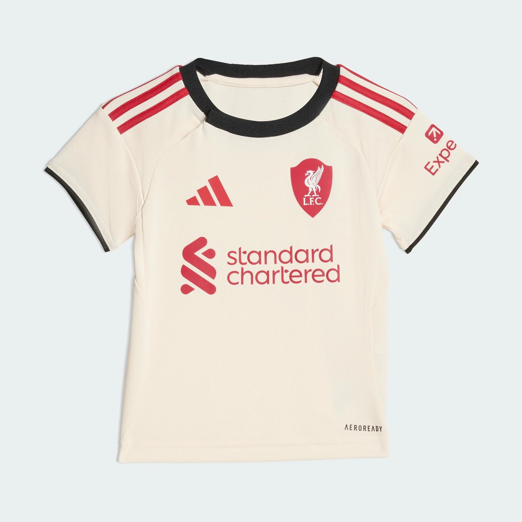 JV6462_Ftp_Flat_eCom-lowres | AE JERSEY White football jersey front with red shoulder stripes, club crest, Adidas logo, and 'standard chartered' sponsor text; Aeroready badge visible.