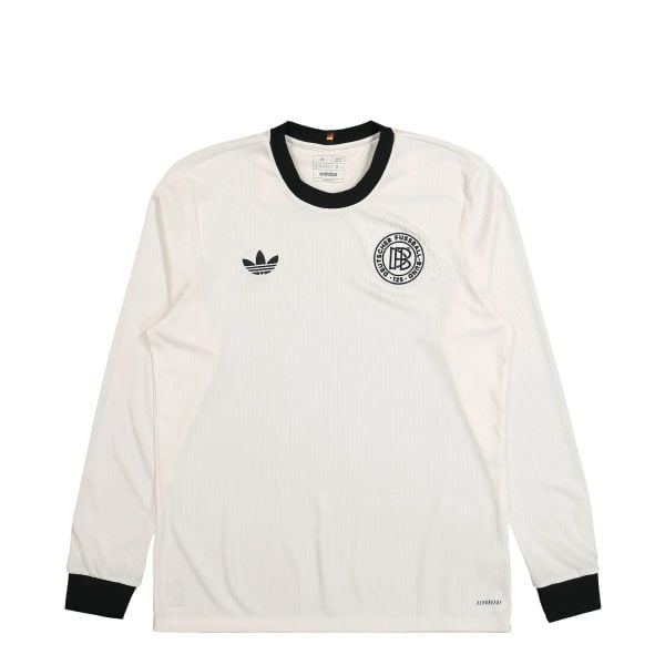 White long-sleeve soccer jersey with black crew neck, featuring Adidas logo on left chest and a circular German Football Federation crest on right chest.