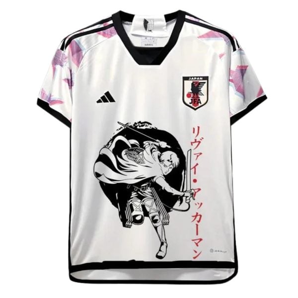 White Japan national soccer jersey with a bold black anime-style warrior illustration on the front and red vertical Japanese text on the right panel.