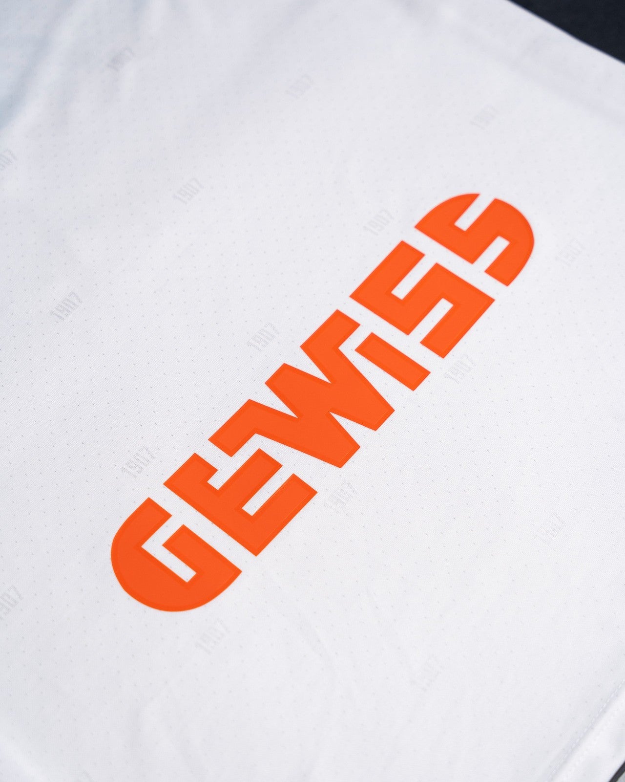 LHXjk1YpES8qJ67 | AE JERSEY Diagonal close-up of bold orange lettering on a white perforated fabric surface.