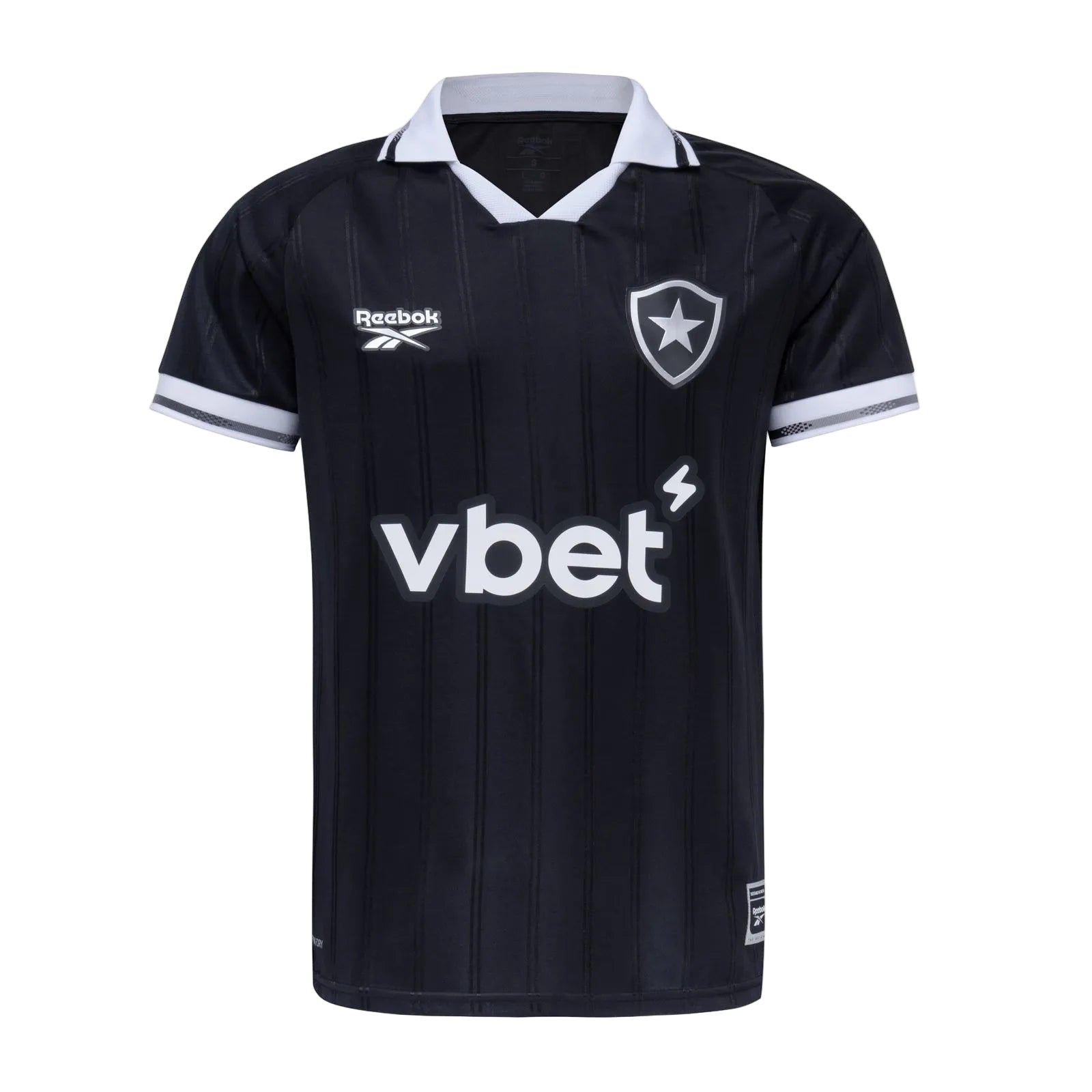 LS | AE JERSEY Dark navy soccer jersey with white collar, Reebok logo, shield crest with a star on the chest, and a large 'vbet' sponsor across the front.