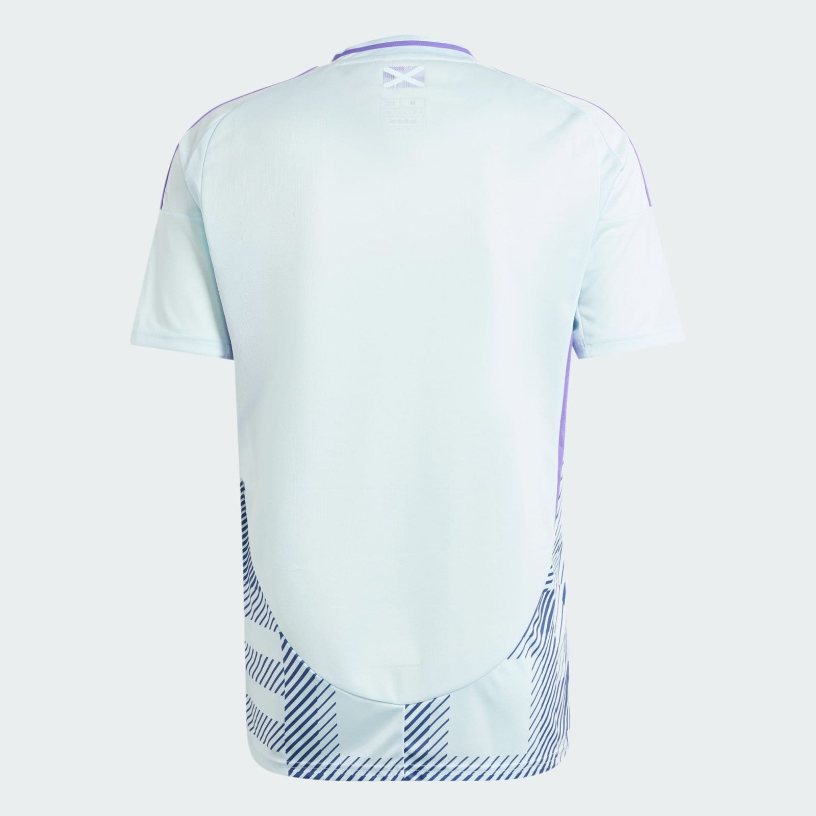 MNDY84EphFN0btD | AE JERSEY Back view of a light blue athletic jersey with purple piping along the shoulders and a striped hem in navy and white.