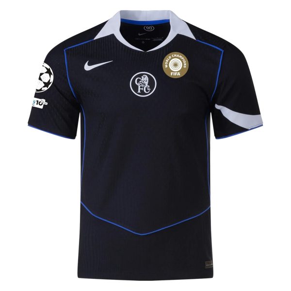 Dark blue soccer jersey with white collar and blue piping; white Nike swoosh and a gold FIFA World Champions badge on the chest.