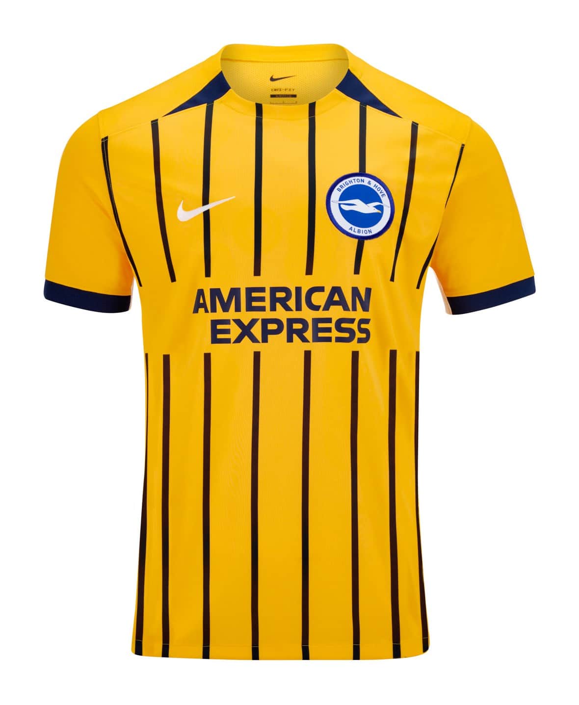 O26J3eCRM3YPqd4 | AE JERSEY Brighton & Hove Albion yellow away jersey with navy pinstripes, crest, Nike swoosh, and American Express sponsor.