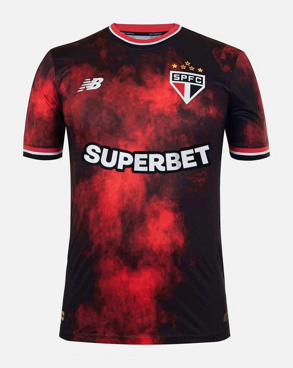 O5NmjyZLOOK7wlj | AE JERSEY Red and black gradient football jersey with SPFC crest, New Balance logo, and 'SUPERBET' sponsor across the chest on a red smoky pattern background.
