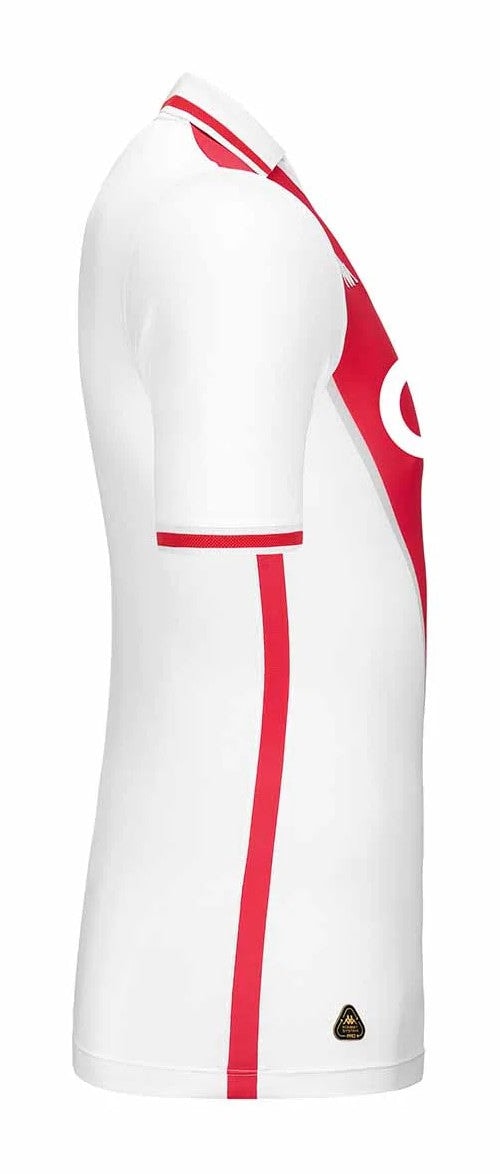 O68l9xzkluUSd8D | AE JERSEY Side view of a white athletic jersey with red piping along the sleeves and side seam, plus a red chest design.