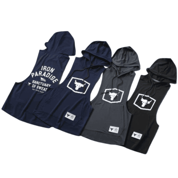 Four sleeveless hooded athletic shirts in navy, royal blue, gray, and black with a white Texas longhorn logo in a square on the chest.