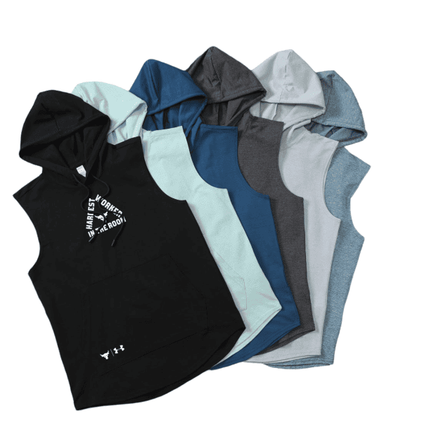 Array of sleeveless hoodies in black, mint, blue, gray, and denim laid flat in a fan arrangement.