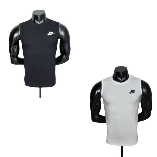 Two Nike sleeveless gym shirts on black mannequins: one black and one light gray/white, each with a small swoosh logo on the chest.