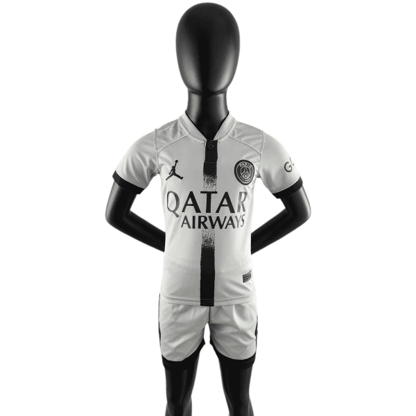 Black mannequin wearing a light gray Paris Saint-Germain football jersey with Qatar Airways sponsor and a black vertical stripe down the center.