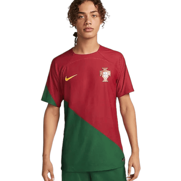 Male soccer player wearing Portugal national team jersey with a red and green diagonal design, featuring a yellow Nike swoosh and the Portugal crest.