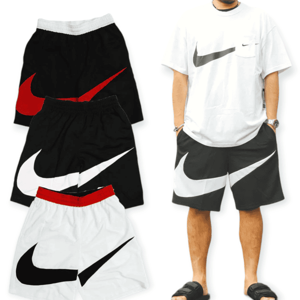 Collage of Nike athleticwear: black shorts with red swoosh, white oversized T‑shirt with gray swoosh, and matching shorts.
