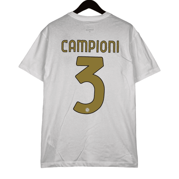 Back view of a white T-shirt on a hanger, with the word CAMPIONI in gold and a large gold number 3 beneath.