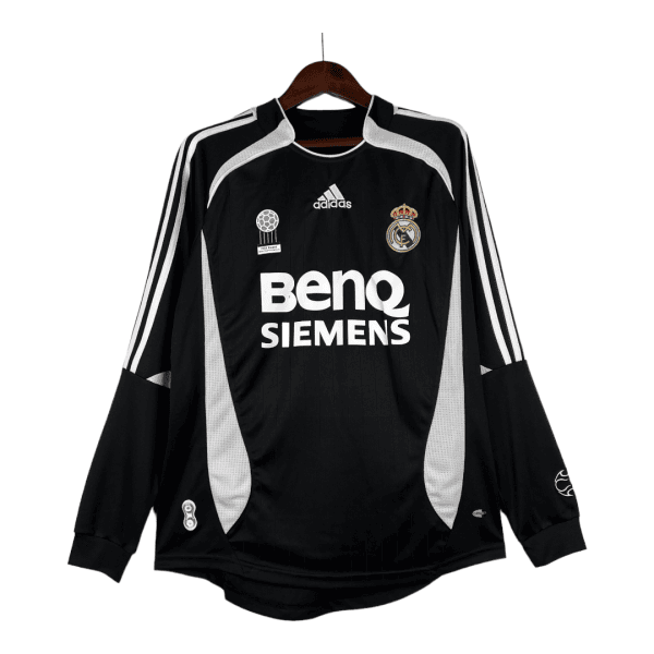 Black Real Madrid goalkeeper jersey with white sponsor text 'BENQ SIEMENS' on the chest, hanging on a wooden hanger with team crest and Adidas logo visible.