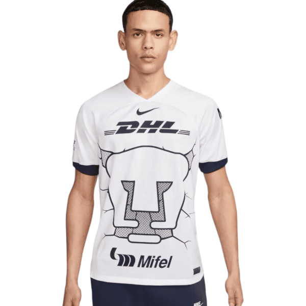 Male model wearing a white athletic T-shirt with DHL and Mifel logos and a large black graphic across the front.