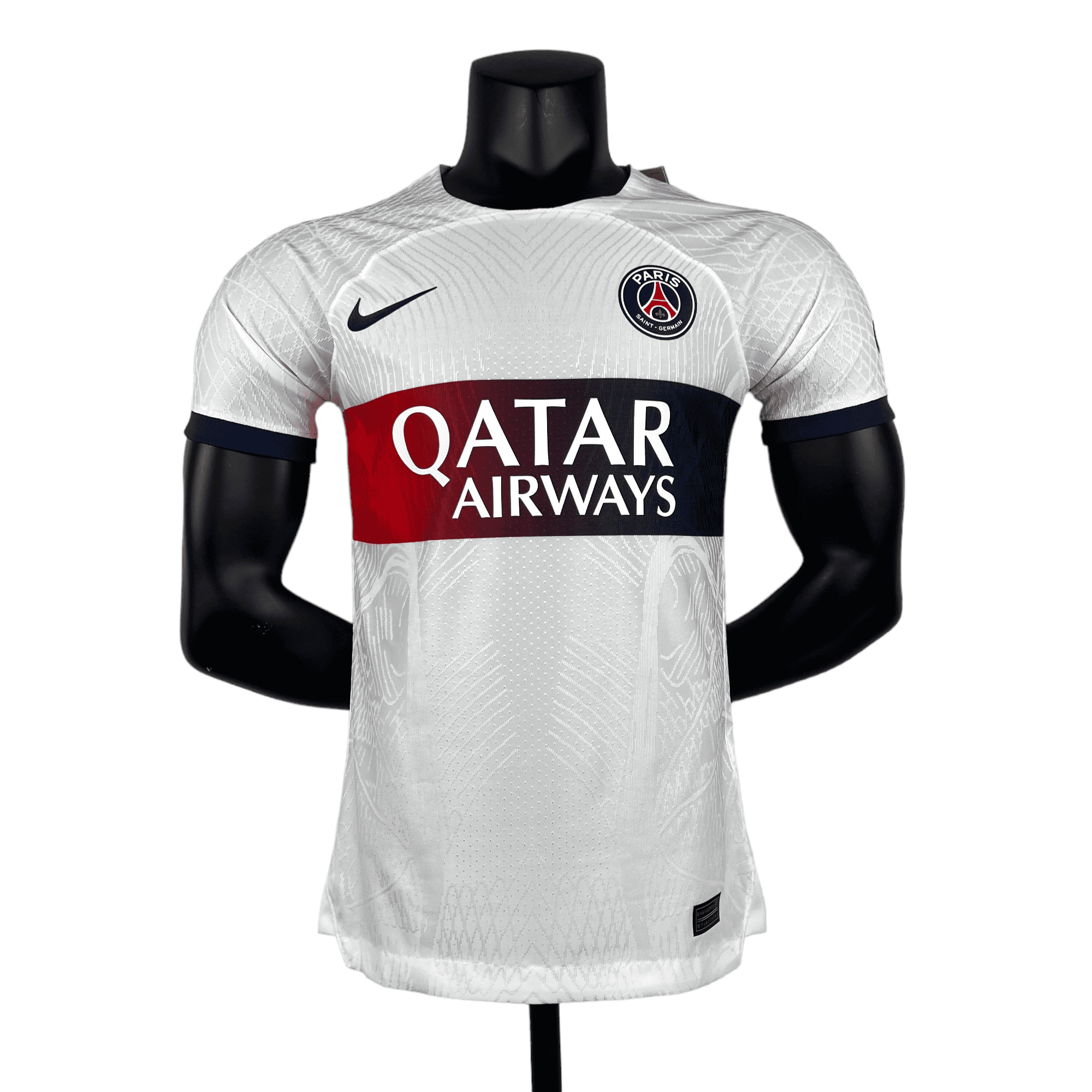 PhotoRoom-20230727_234932_79a4bb69-1828-4adc-9935-fb9dc4894496 | AE JERSEY White Paris Saint-Germain football jersey on a display bust, showing the PSG crest, Nike swoosh, and Qatar Airways sponsor text across the chest.