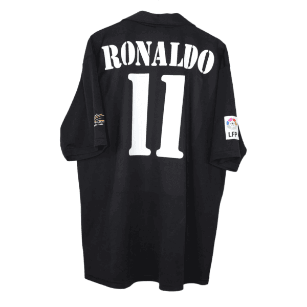 Back view of a black Ronaldo soccer jersey with the large white number 11 and the name RONALDO on top; LFP patch on the left sleeve.