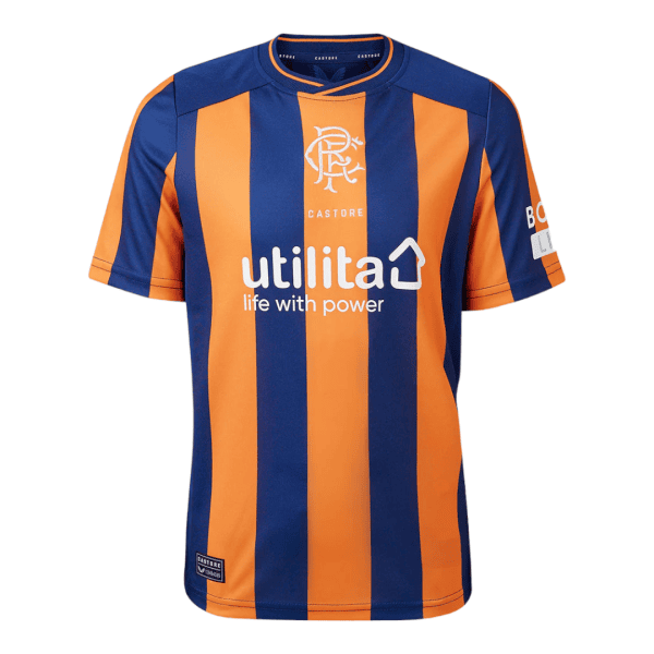 Blue and orange striped soccer jersey with sponsor logo 'utilita life with power' and crest on chest, short sleeves, brand Castore on collar.