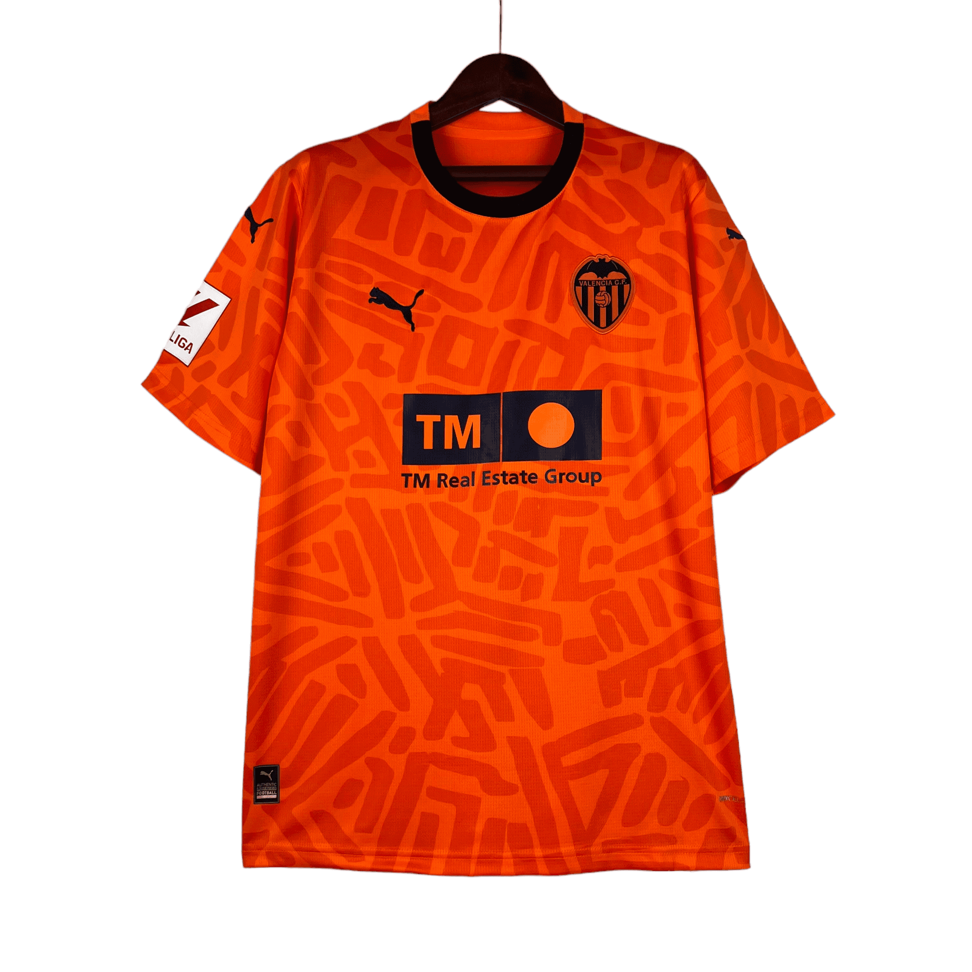 PhotoRoom-20230916-175002_08571a53-ab80-46c4-89fa-993298288393 | AE JERSEY Orange Valencia CF football jersey on a hanger, featuring the black Puma logo and club crest.