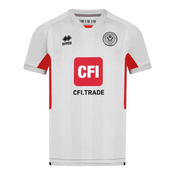 White Sheffield United football shirt with red side panels, sponsor CFI.TRADE, Errea logo, and club crest on chest.