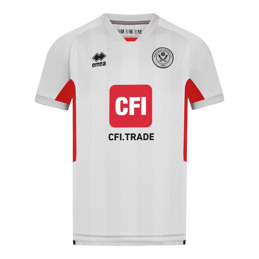 PhotoRoom-20231008-074222_1187504a-9d68-4522-a520-52643b36fa4a | AE JERSEY White Sheffield United football shirt with red side panels, sponsor CFI.TRADE, Errea logo, and club crest on chest.