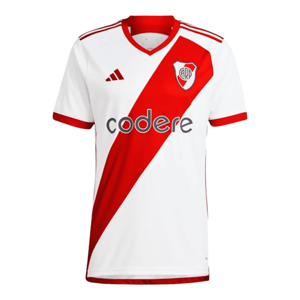 White River Plate soccer jersey with a bold red diagonal sash, red collar trim, and sponsor text 'codere' across the chest; crest on the left chest.
