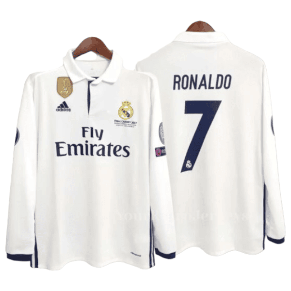 White Real Madrid jersey with Fly Emirates sponsor; Ronaldo 7 on the back (front shows crest and Adidas logo).
