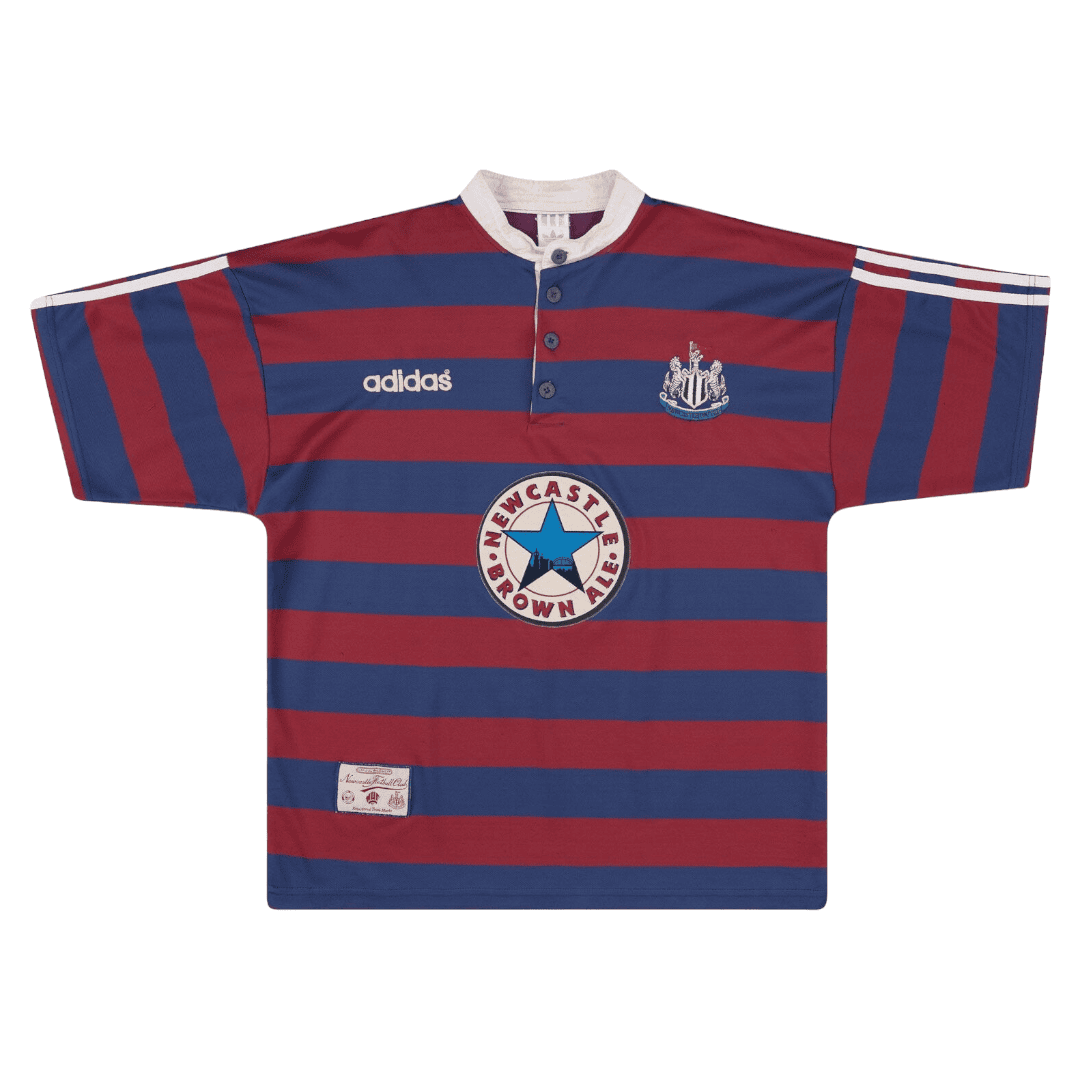 PhotoRoom-20231209-204428 | AE JERSEY Red and blue horizontal striped Newcastle United-style jersey with Adidas logo and sponsor badge in the center.