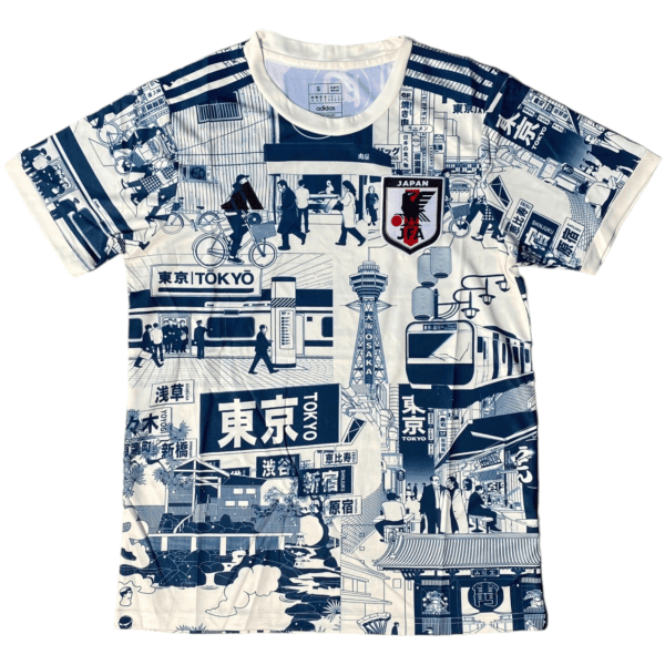 Patterned shirt with navy-and-white Tokyo street-scene illustrations, signs, trains, and a Japan emblem.