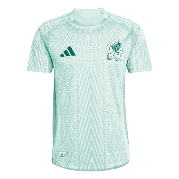 Pale turquoise Mexico national team soccer jersey with an intricate geometric pattern and the Adidas logo on the left chest.