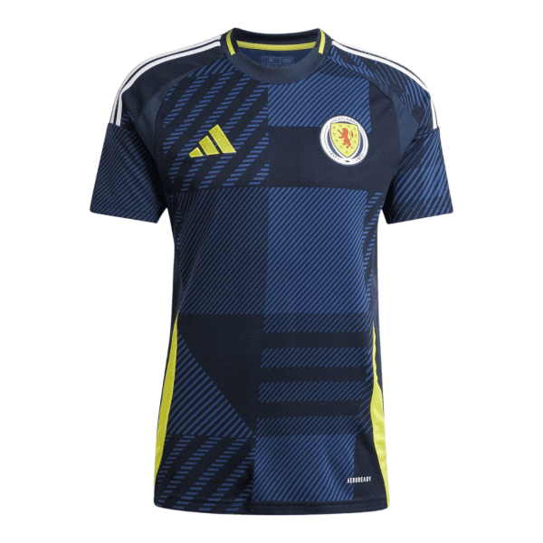 Scotland national football jersey in dark blue with neon yellow accents and Adidas logo at chest.