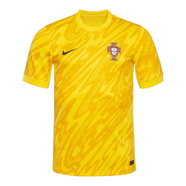 Yellow Portugal national team soccer jersey with a bold abstract pattern, crest on the chest, and Nike swoosh on the left.