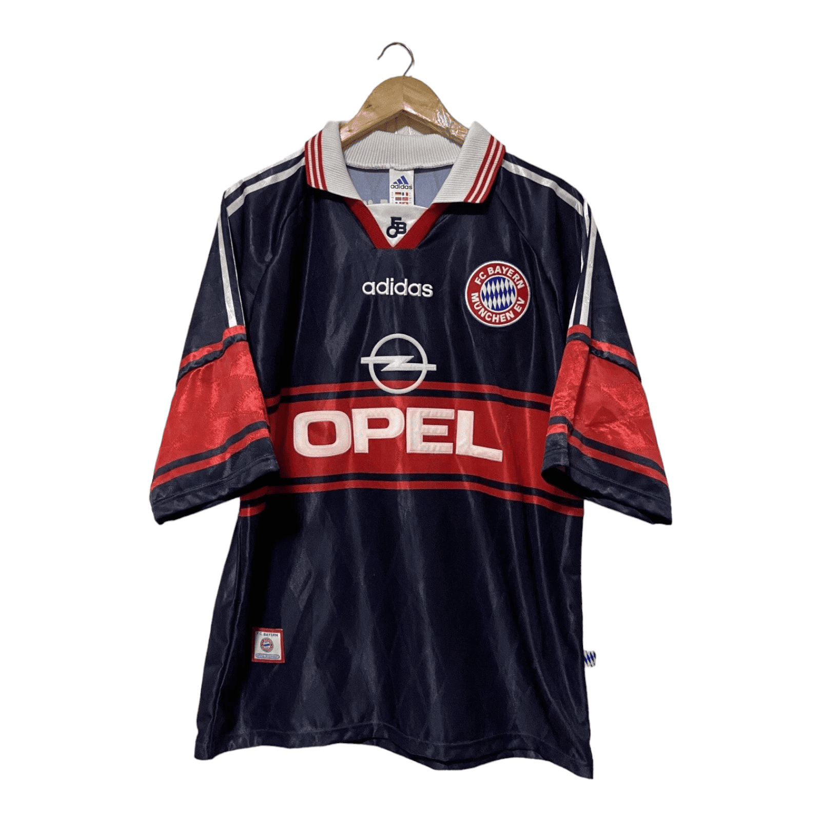 Photoroom-20240515-171614 | AE JERSEY Dark blue FC Bayern Munich football jersey on a wooden hanger, featuring Adidas logo and Opel sponsor across the chest.