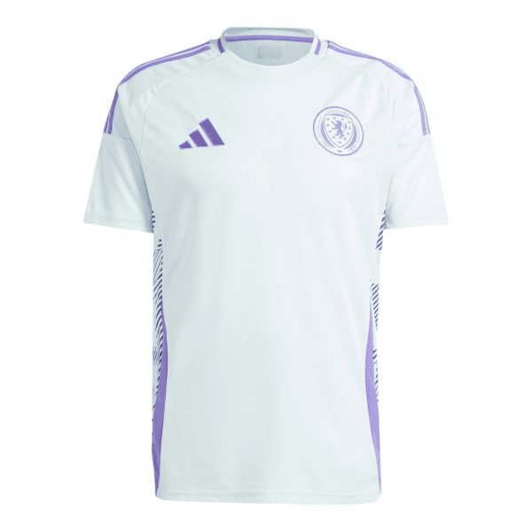 White football jersey with purple trim and Adidas logo on chest, featuring a Scotland crest on the right side of the chest