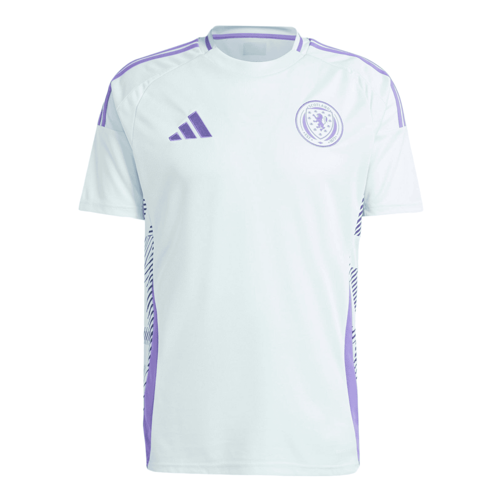 Photoroom-20240519-171134 | AE JERSEY White football jersey with purple trim and Adidas logo on chest, featuring a Scotland crest on the right side of the chest