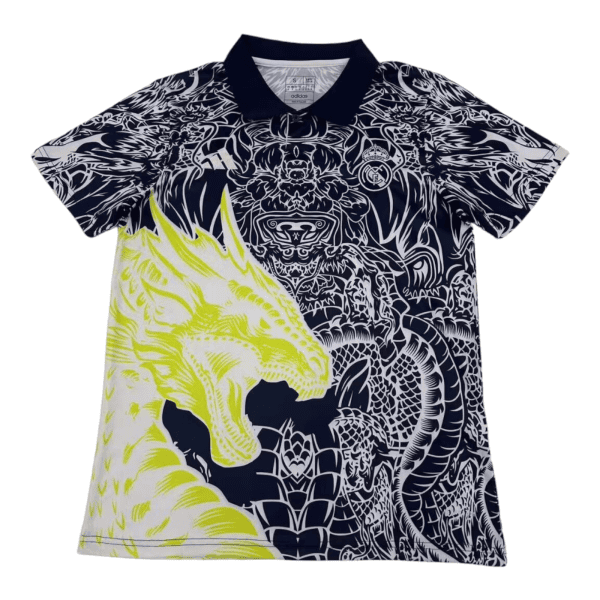 Polo shirt with a dark navy body and all-over white-and-navy dragon motif, plus a light-yellow dragon swooping across the front.