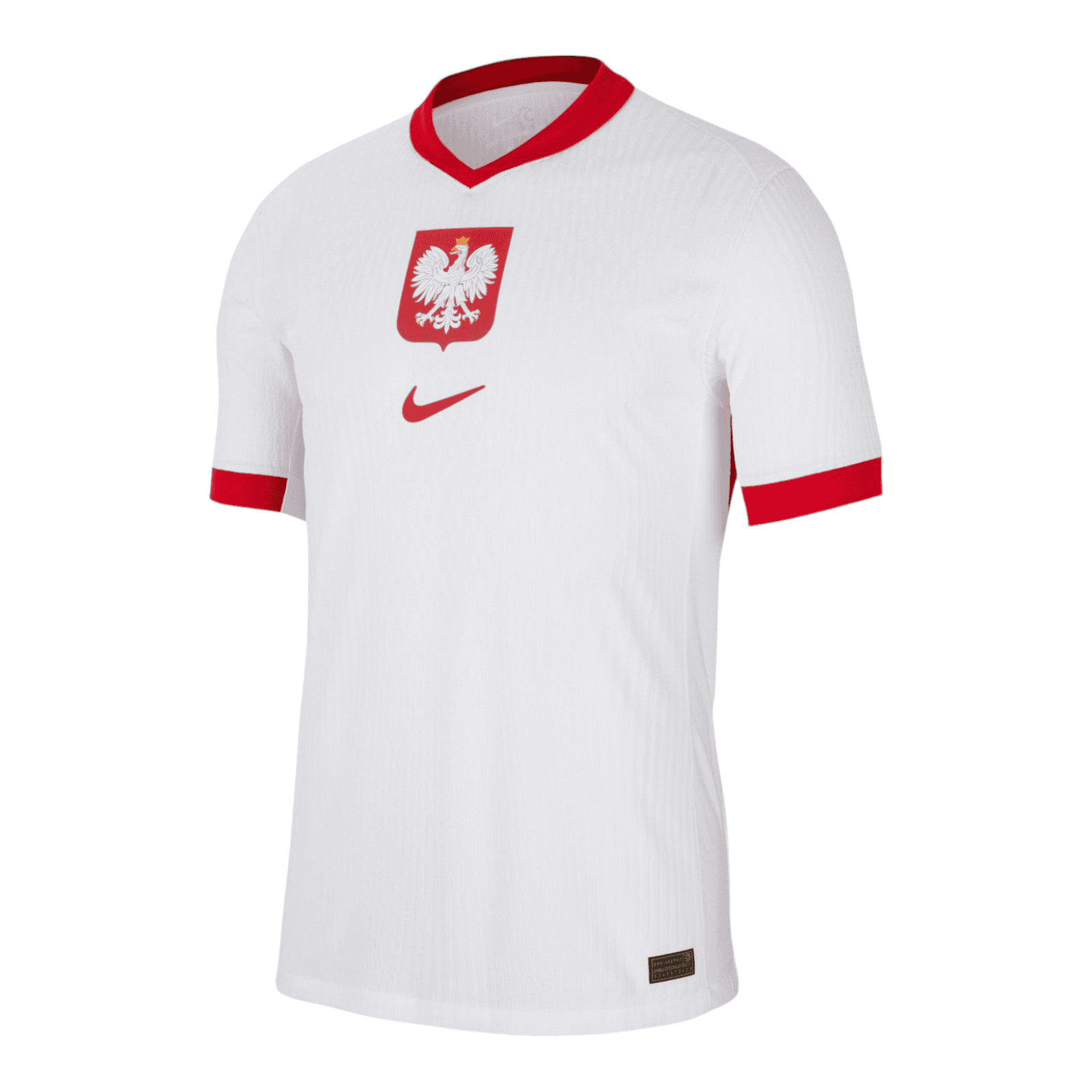 Photoroom-20240614-053412 | AE JERSEY White Poland national soccer jersey with red collar and chest emblem (polish eagle) and red Nike swoosh on the chest area.