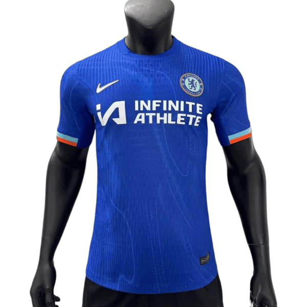 Blue Chelsea FC football jersey on a mannequin, displaying the 'Infinite Athlete' sponsor and club crest on the chest.
